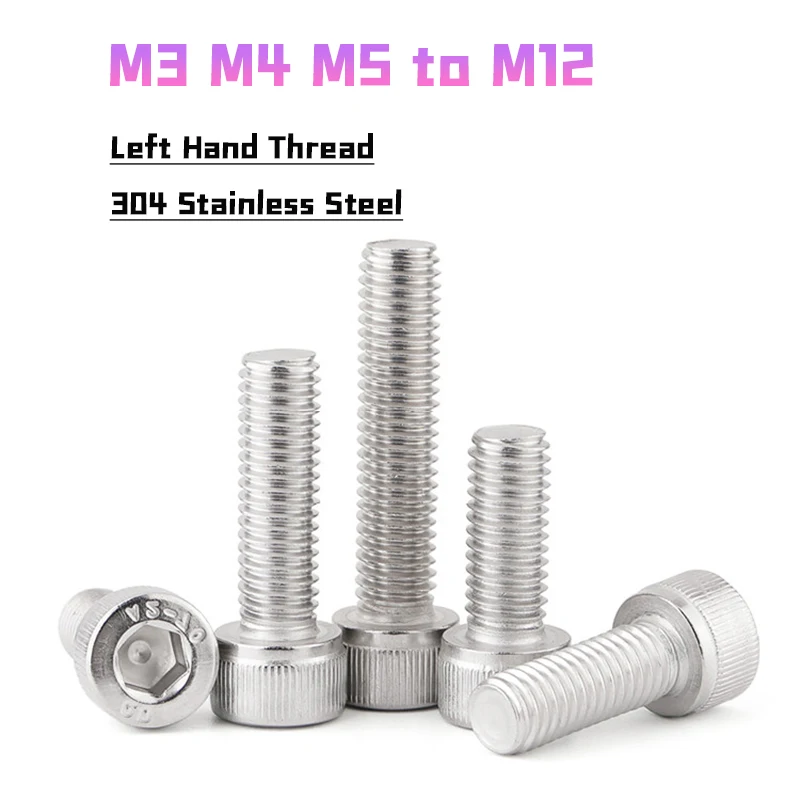 M3 M4 M5 M6 M8 M10 M12 304 Stainless Steel Left Hand Thread Hex Hexagon Hex Socket Head Cap Allen Bolt Screw Length 6mm to 100mm