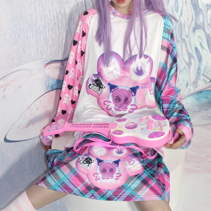 Original Design Y2k Childlike Fun Cute College Women's Skirt Japanese Graffiti Printing Loose Plaid Elastic Waist Skirts Ladies