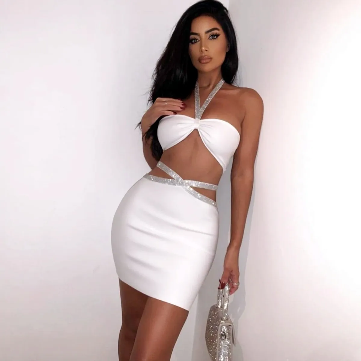 Women Summer Sexy Backless Halter Crystal Diamonds White Black Two Piece Bandage Set 2022 Celebrity Evening Party Women's Set