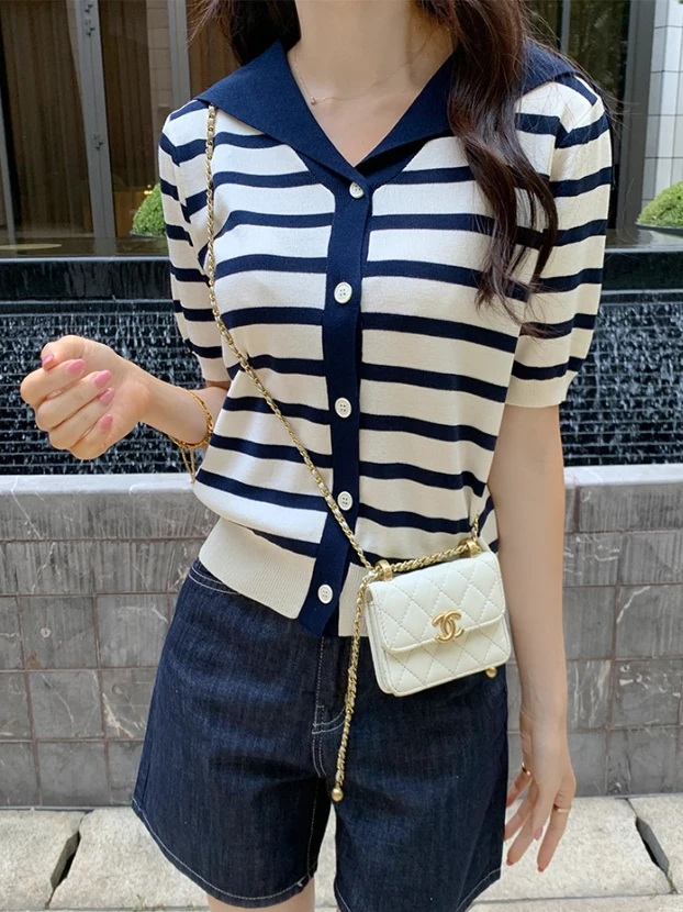 

Slim Fit Navy Collar Striped Knit Sweater Women's Chic Sweet ort Sve Open Cardigan Top Color Blo Commute Sle V Ne