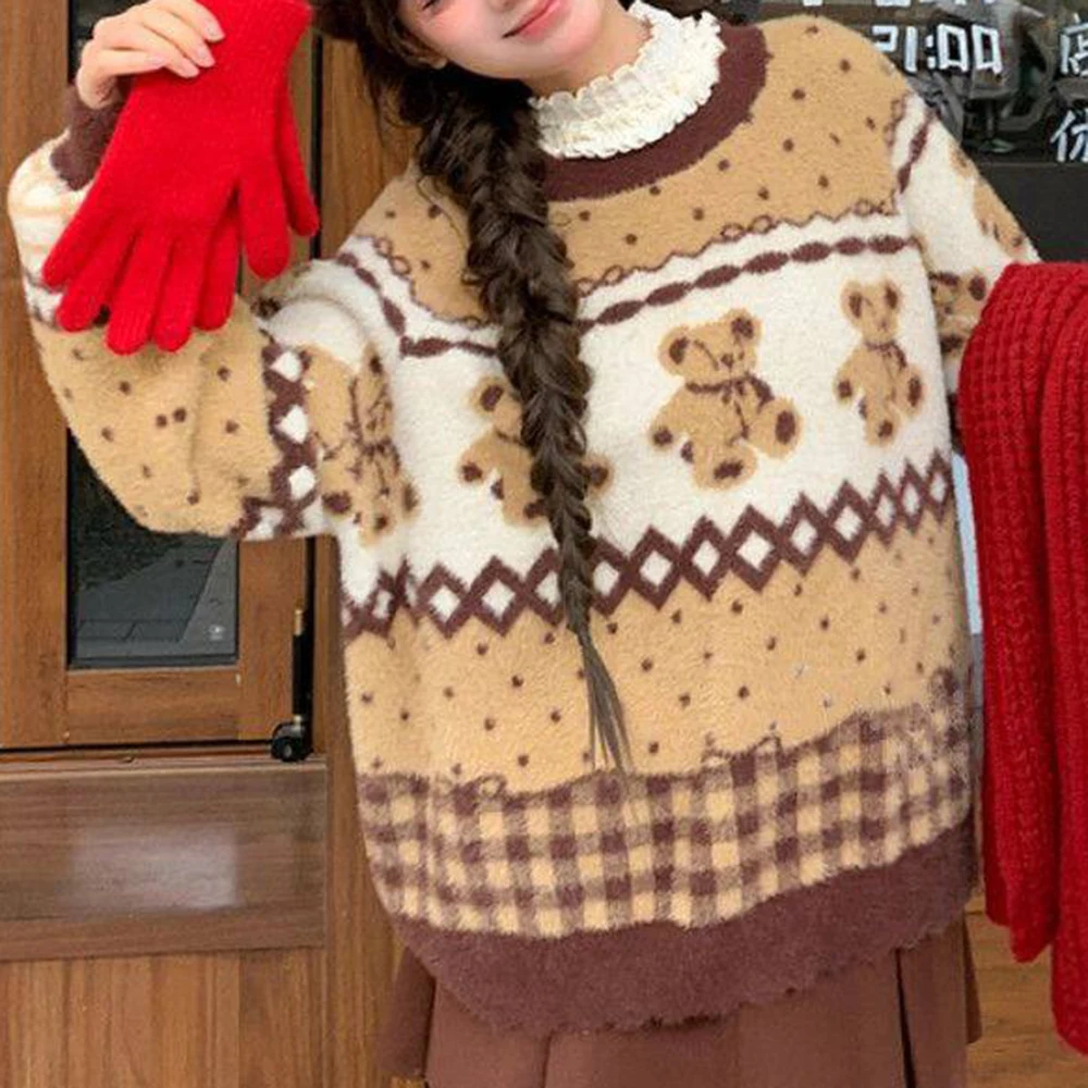 

retro bear jacquard sweater women's new atmosphere loose round neck contrasting color round neck knitted sweater winter