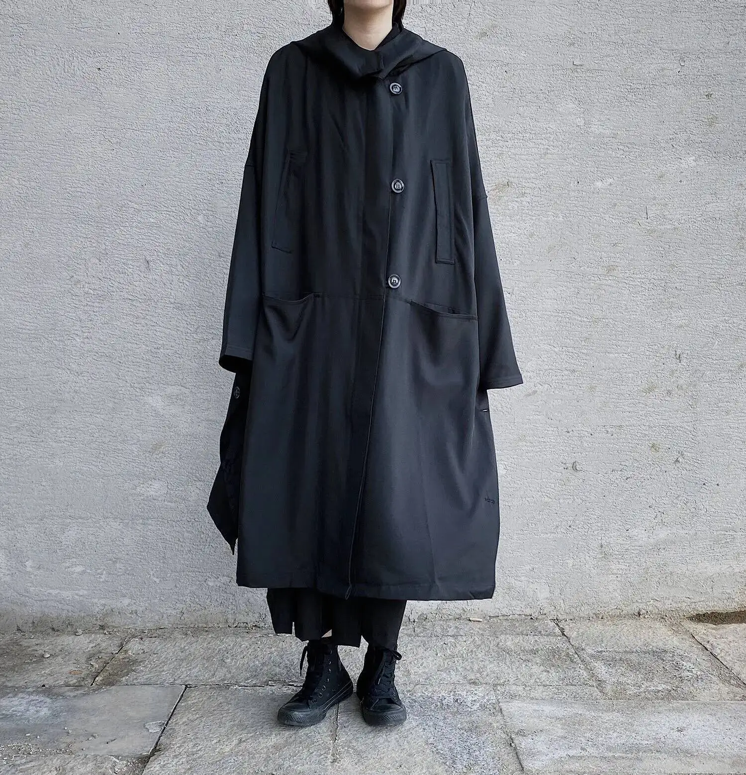 أومي ماو ياماموتو معطف الإناث الداكن ربيع الخريف المتخصصة الوزن الثقيل تصميم فضفاض مقنعين سترة طويلة سترة واقية سترة فام #4