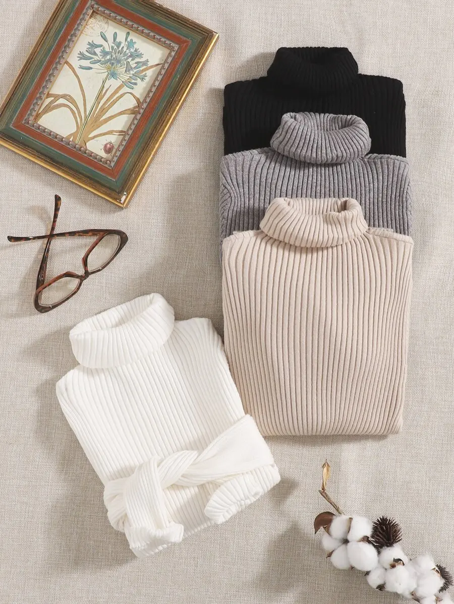 

4-Pack Solid Ribbed Turtleneck Sweaters, Long Sleeve Knit Pullovers for Fall Winter
