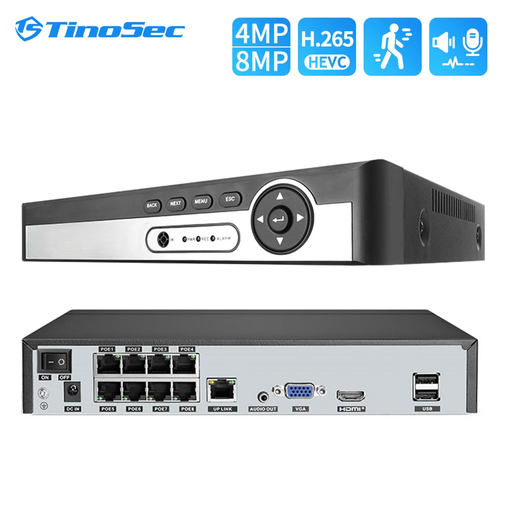 TinoSec 8CH 4K PoE NVR H.265 8MP 5MP 4MP Network Video Recorder For Surveillance System Face Tracking Security Camera Recorder