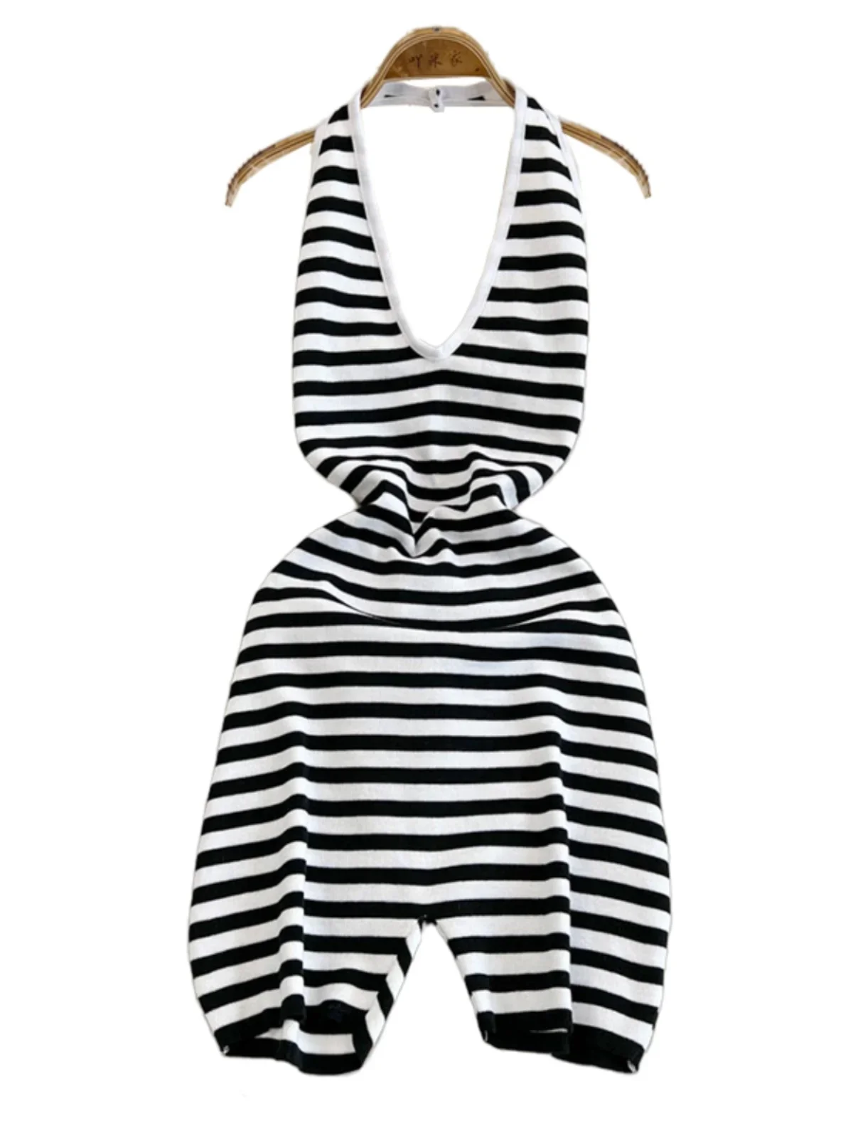 Foamlina American Women\'s Summer Strap Backless Striped Jumpsuit Top Girl\'s Slim Bodycon Design Short Pants Bodysuit