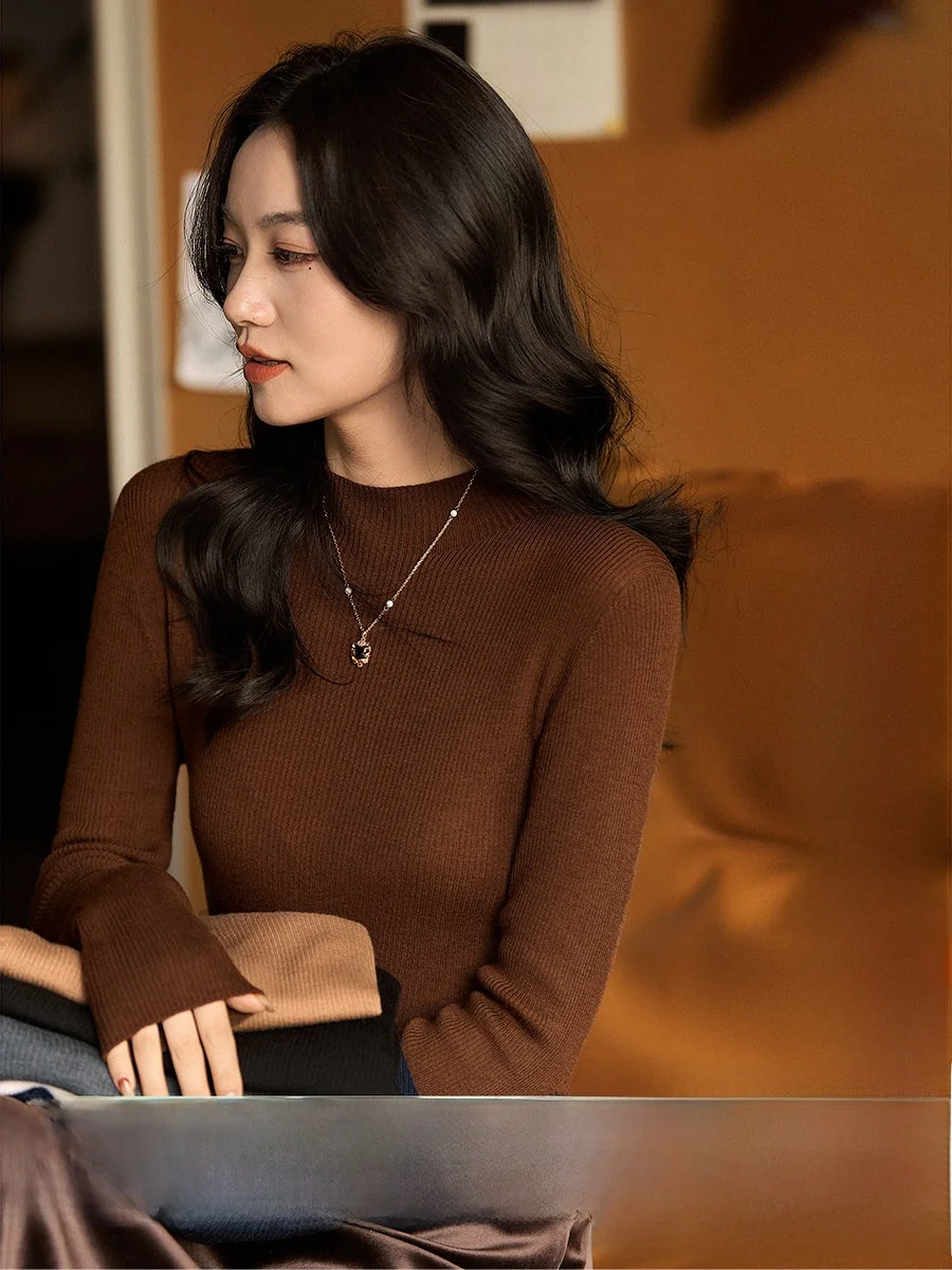 

YanZhou Wool Knitted Sweater f High Collar Easy to Match Stage Model Sl Long Sve Women's Faion Commute Sle