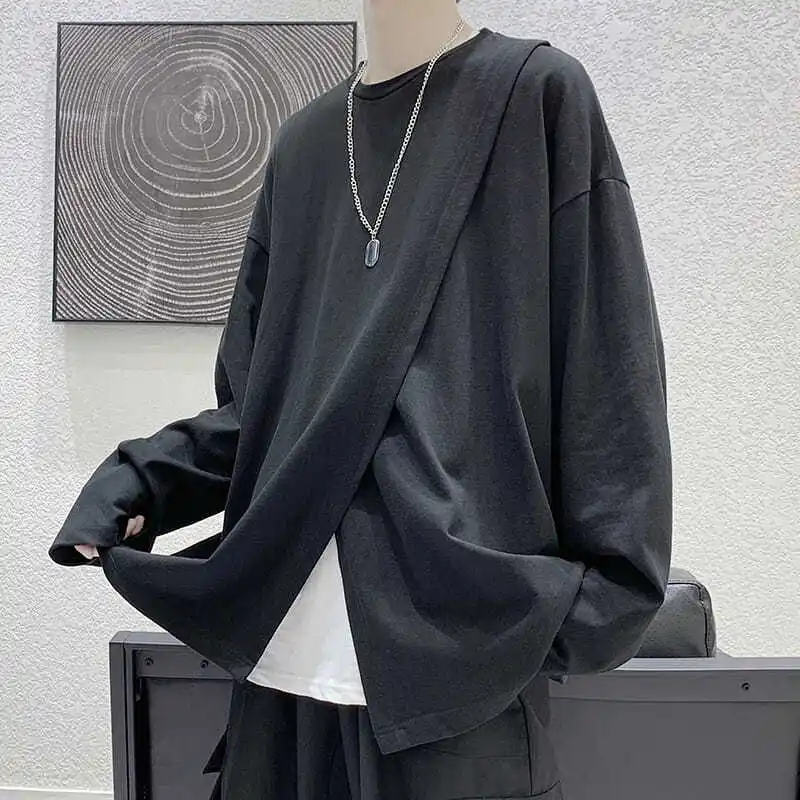 Side Slit Creative Design Oversized Soft Streetwear Korean Fashion Casual Long Sleeve T Shirt Men Summer Harajuku 2022 New Trend