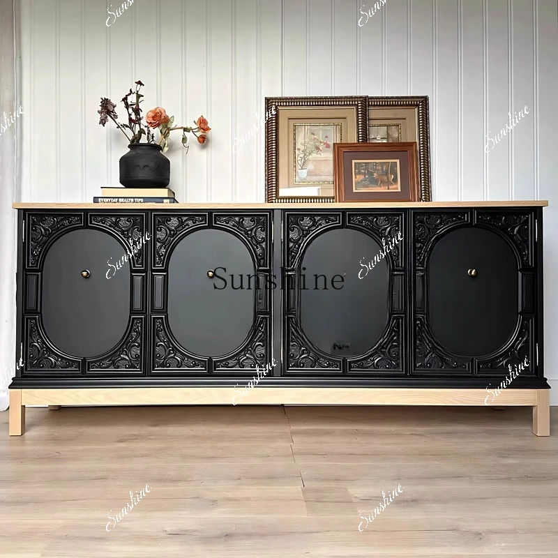 Solid wood black carved dining edge against the wall integrated French living room tea and wine cabinet retro  FT