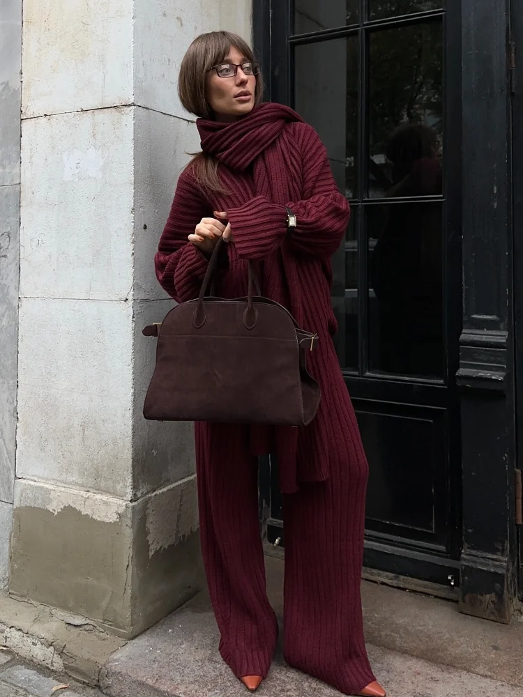 Fashion Burgundy Red Scarf Collar Sweater Loose Pants Set Women Elegant Casual Jumper Wide Leg Trouser Suit Chic Female Knitwear