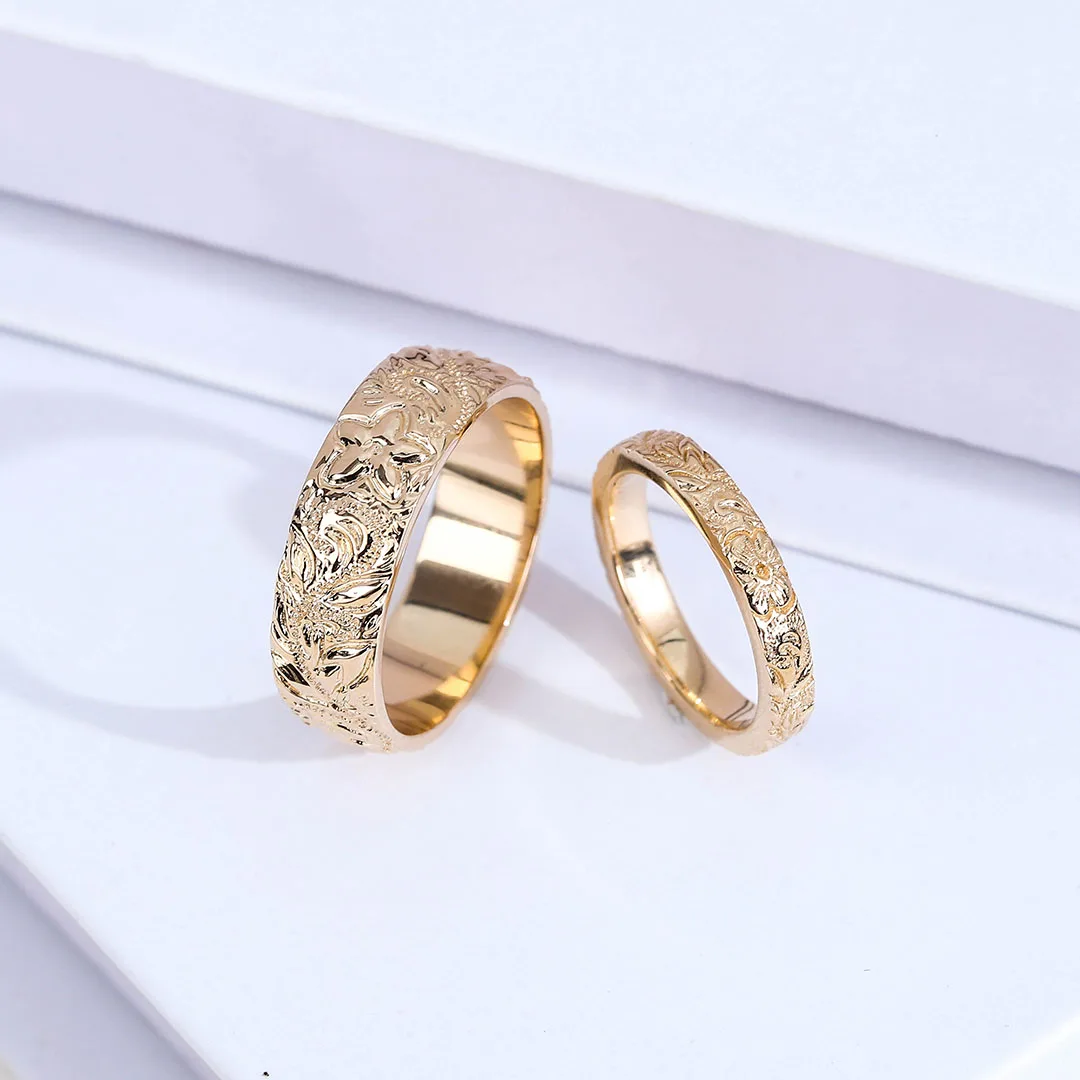 Provence Luxury Couple Ring 10K14K18K Solid Gold Plain flower Wedding Ring for women men Vintage Design Personalized Custom