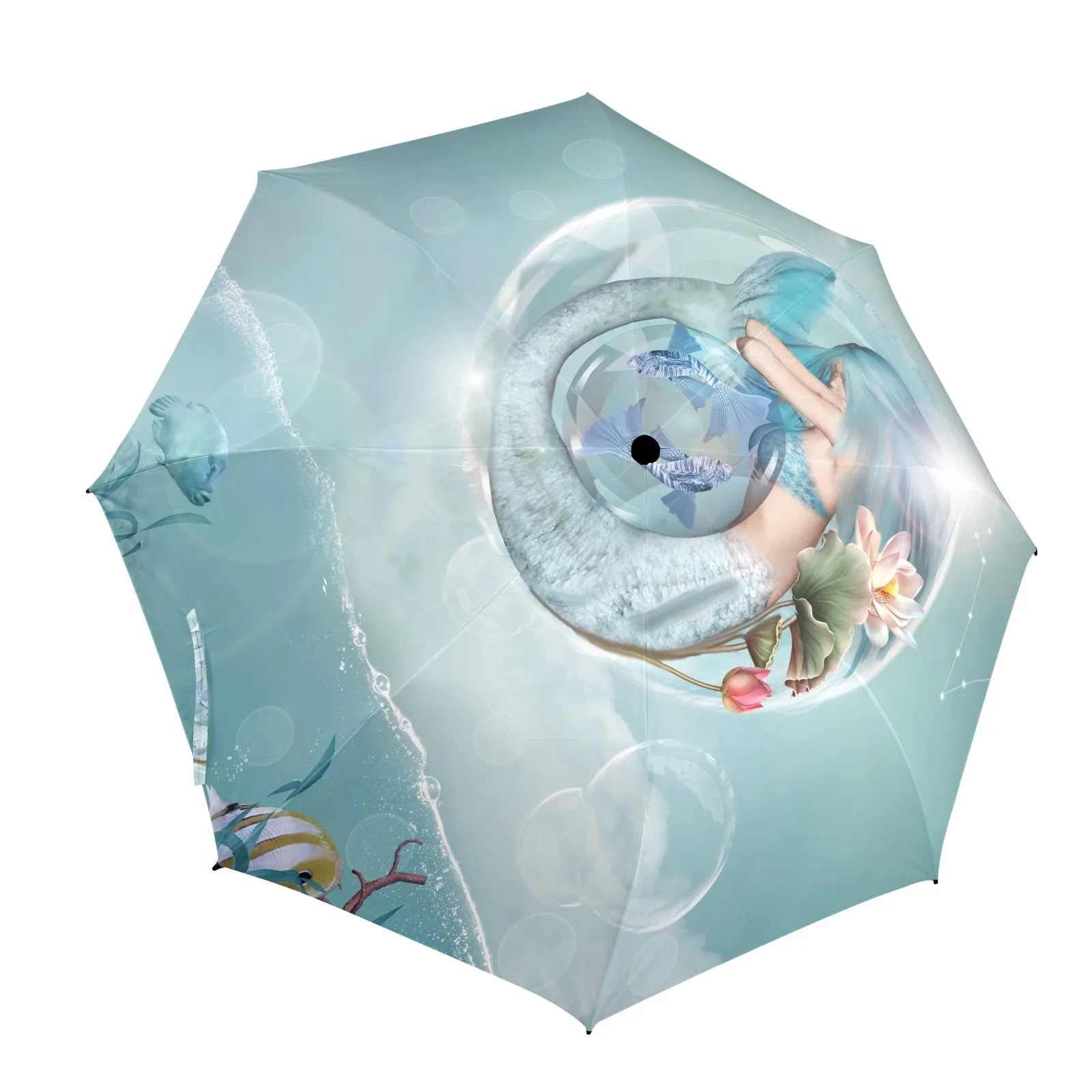 

Mermaid In A Soap Bubble Foldable Umbrella Semi-Automatic Polyester Waterproof Sun Rain Umbrella For Traveling Shopping