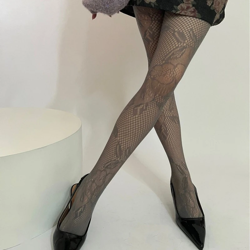 Summer Retro Women's Tights Sexy Lace Floral Fishnet Ladies Pantyhose Breathable Mesh Female Tights Ultra Thin Long Stockings