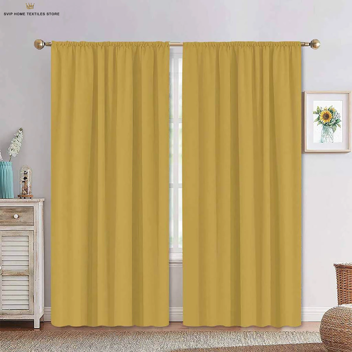 

2 Pieces Yellow Gray Solid Color Curtains 100% Polyester Machine Washable Bedroom Living Room Kitchen Simple Decorative Curtains