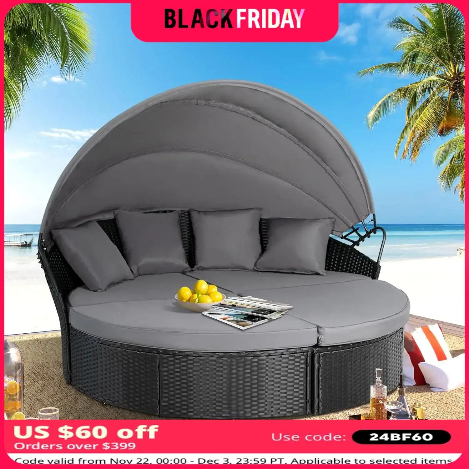 Patio Round Daybed with Retractable Canopy,Outdoor Wicker Furniture with Washable Cushions for Patio Backyard Porch (Black)