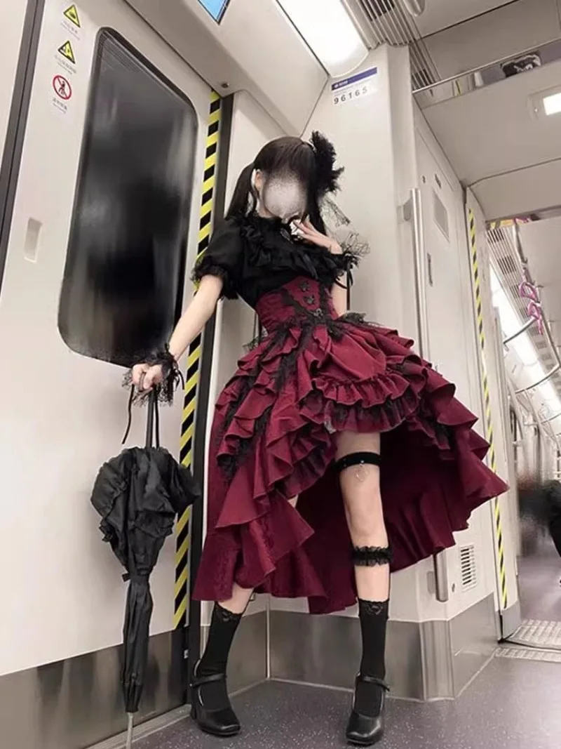 IOOTIANY Japanisches, dunkles Gothic-Lolita-Kostüm im Cosplay-Stil, Damen-Kleid mit schmaler Taille, vielseitiges Spitzenkleid im Prinzessinnen-Stil, Y2k-Kleid. – Detail 5