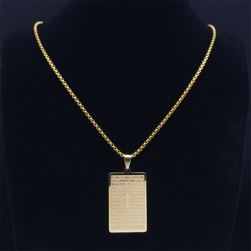 Chrisitian Cross Bible Verse Prayer Necklace Stainless Steel Portuguese Religious Necklaces Jewelry collar hombre N2035S02 view 5