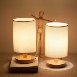 Creative LED Bead Solid Wood Fabric Lampshade Bedside Table Lamp Eye Protection Lighting Home Interior Bedroom Simple Decoration