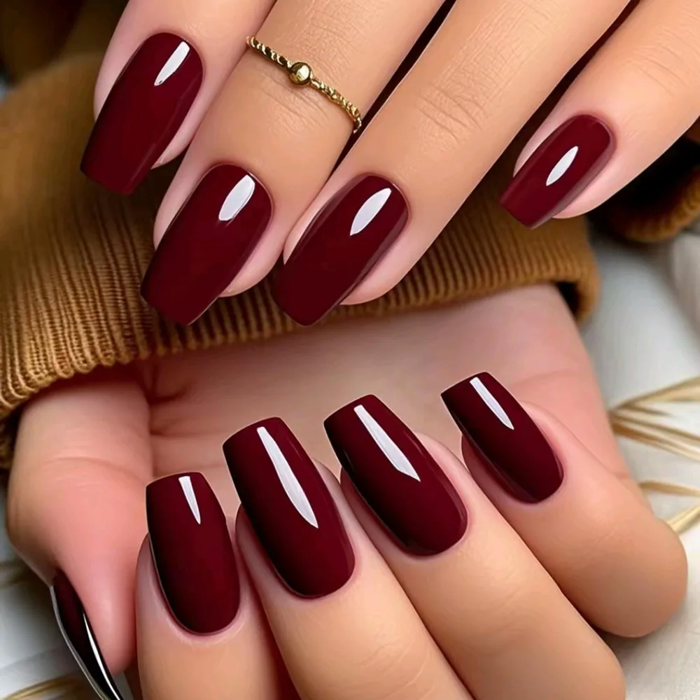 

24Pcs Glossy Wine Red Press On False Nails Artificial Short Ballerina Coffin Fake Nail DIY Lady Full Cover Tip Manicure Tool