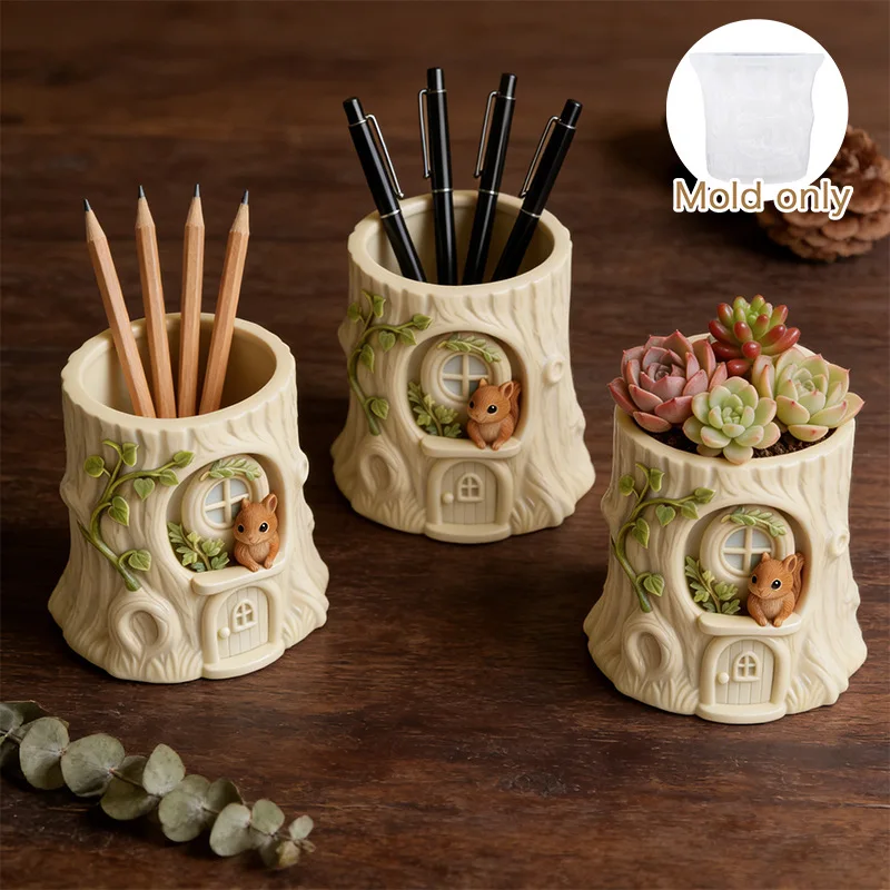 

DIY Resin Mold Aromatherapy Candle Cups Vases Storage Containers Silicone Molds Tree-Hollow Squirrel Houses Plaster Cup Mould