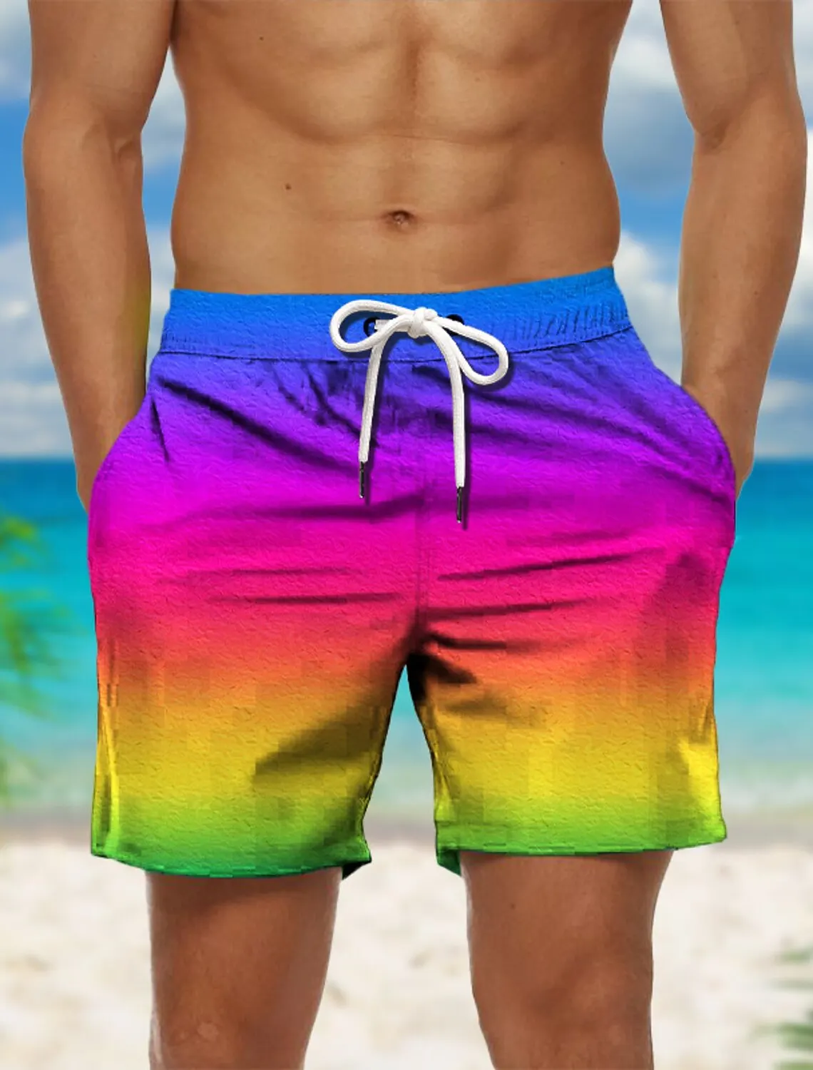 Rainbow Color 3D Printed Shorts Men\'s Comfortable Casual Swimming Shorts Women\'s Fashion Beach Shorts Sports Fitness Ice Shorts