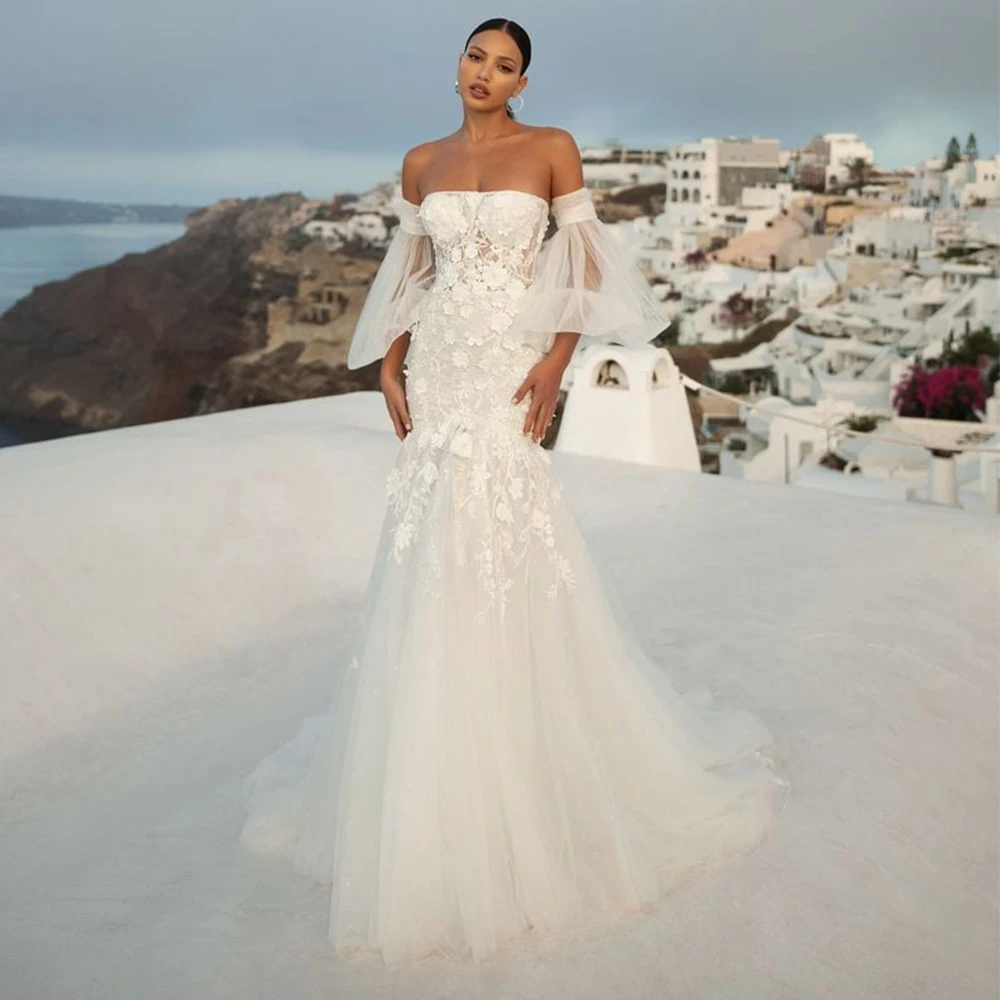 

Exquisite Tulle Mermaid Wedding Dress Strapless Applique Lace Floor Length Bride Customized Detachable Train فساتين حفلات الزفاف
