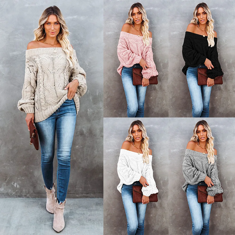 

2022 Autumn and Winter Off-Shoulder Loose Knitwear Off-the-Neck Solid Color Pullover Sweater Women