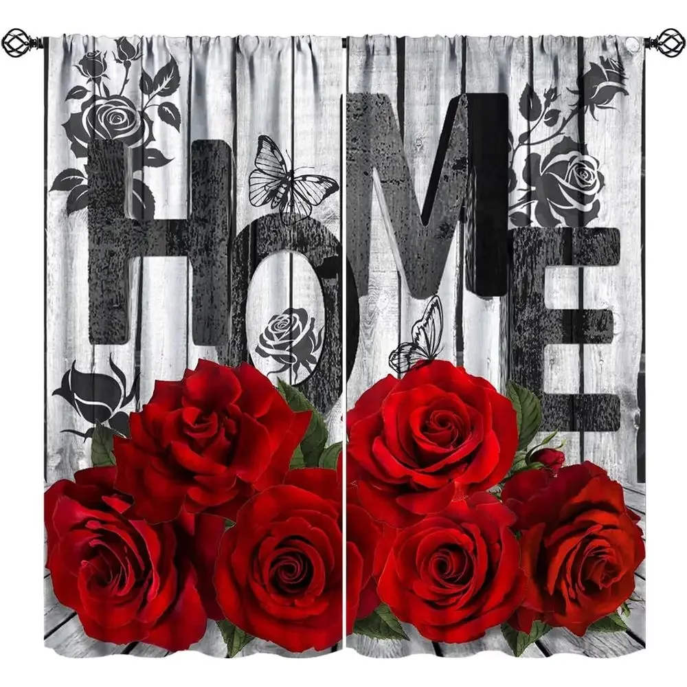 Rustic Wooden Floral Vintage Black Red Curtains, 84 x 84, Ideal for Valentine's Day Bedroom Decor