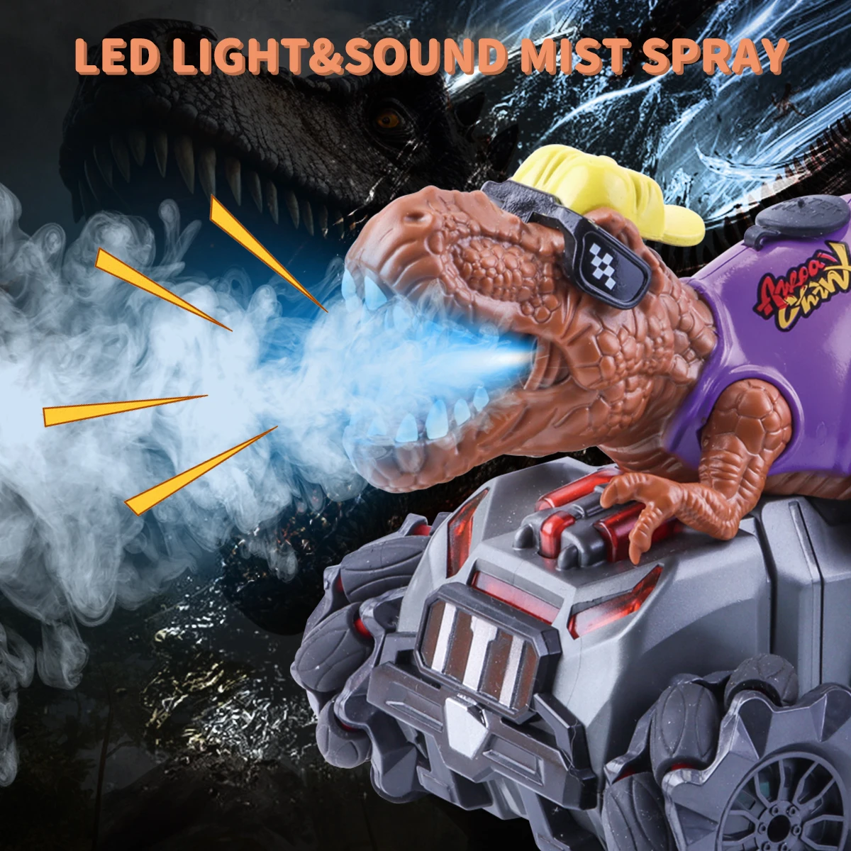 Coche de dinosaurio RC para niños, coche de pulverización con Control remoto con sonido y luz, juguete interactivo para regalo para niños