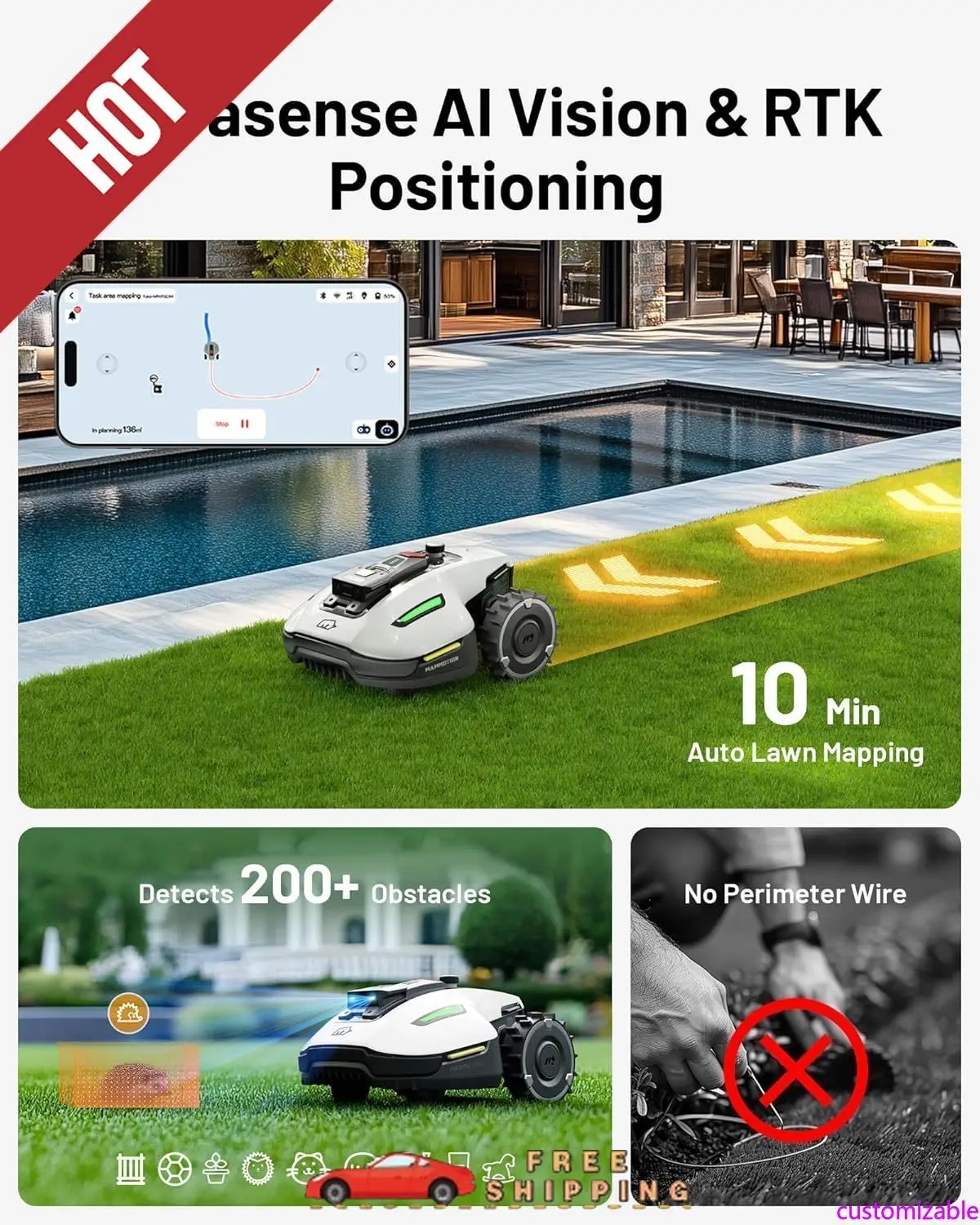 

Customizable 500H Robotic Lawn Mower Reception 0.12 Acre,Max. 0.17 Acre, Ultrasense AI Vision+ RTK Positioning, Auto M