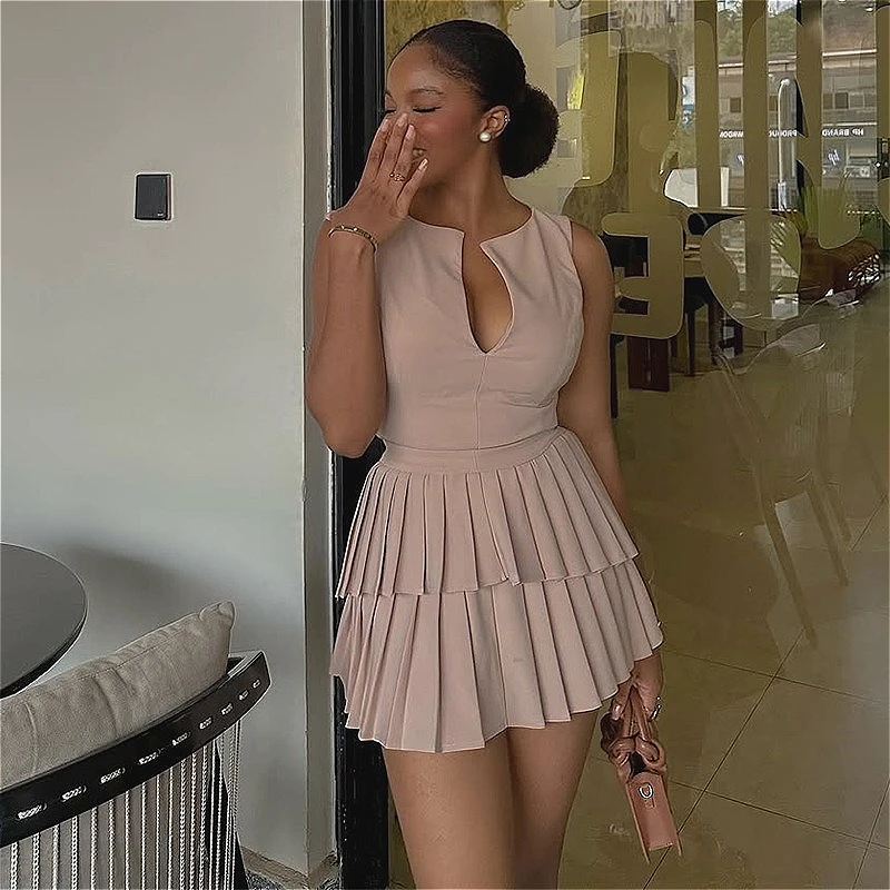 

Women A Line Dresses Solid Pleated Dress Mini Lenth V Neck Sleeveless Waist Cinched Slim Office Lady Casual Elegant 2025 Summer