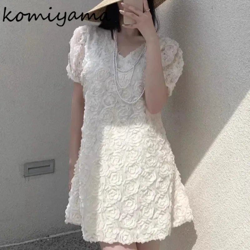 

Three-Dimensional Floral 2025 Vestidos V-neck Bubble Sleeve Dress A-line Dresses Woman Korean Robe Summer New Ropa De Mujer