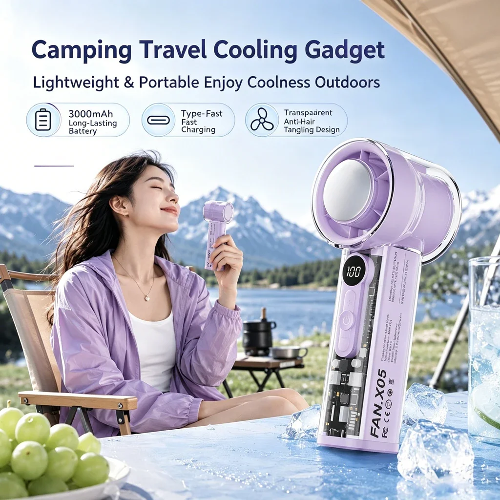 

Lady's Handheld Fan Semiconductor Refrigeration High-speed Handheld Electric Fan 3000mAh Portable Rechargeable Outdoor Small Fan