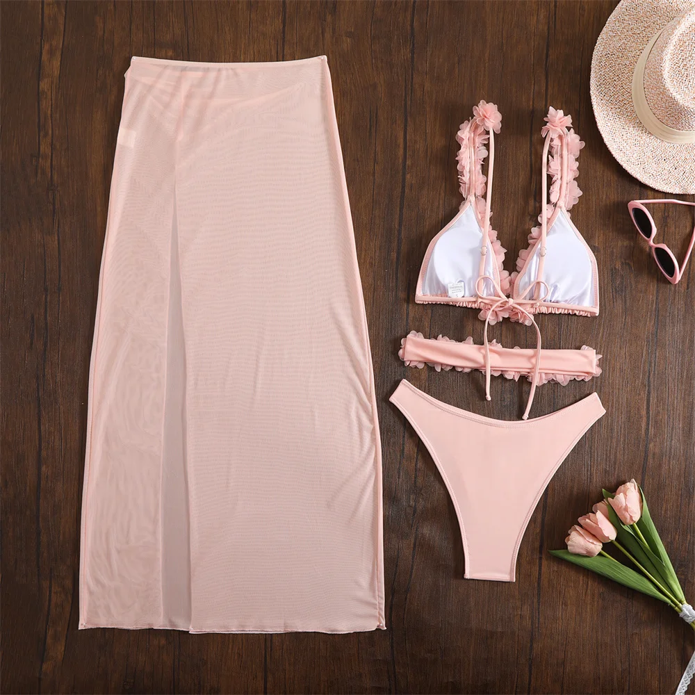 Rosa Bikini, durchsichtig, mit Blumenmuster, Badeanzug, String-Bikini, Träger, Blumen, Bademode, Damen, rückenfrei, schwarzer Strand-Outfit-Badeanzug