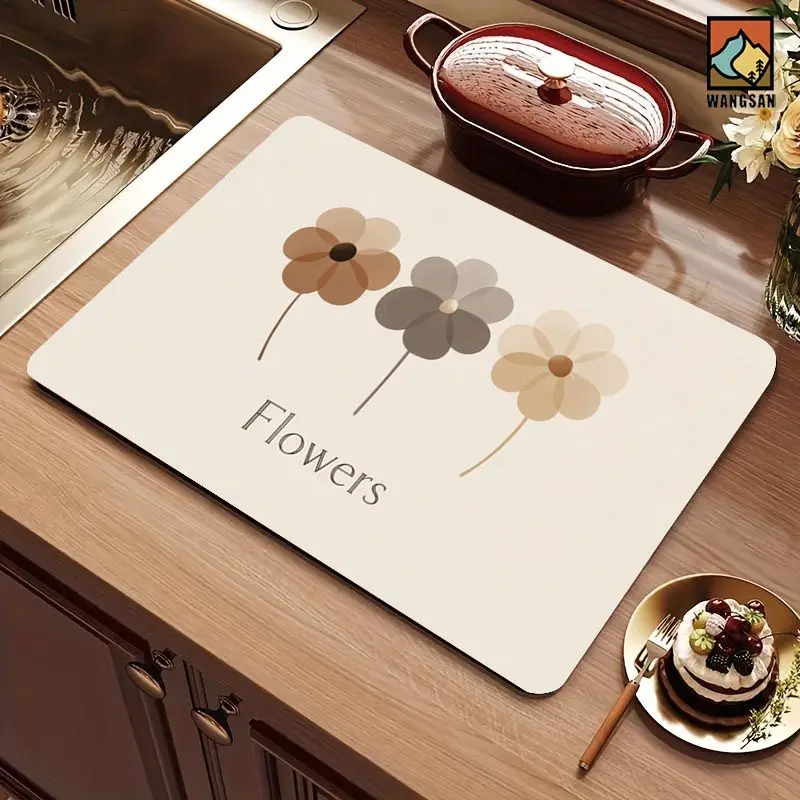 VIKAMA Minimal Neutral Floral Diatomite Kitchen Draining Mat Super Absorbent Non Slip Tableware Drying Pad