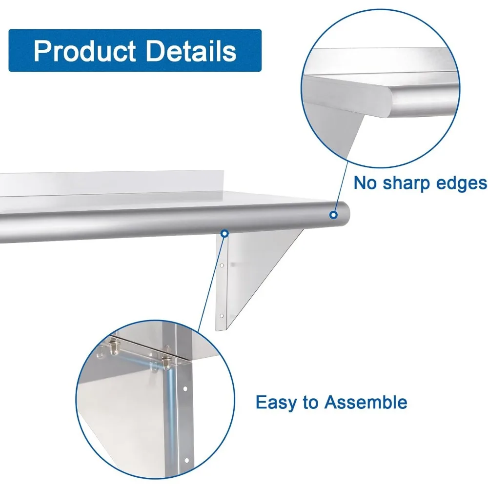 أرفف مثبتة على الحائط من الفولاذ المقاوم للصدأ من الدرجة التجارية، مقاس 18 × 36، تدعم ما يصل إلى 340 رطل، مع رقعة خلفية وأقواس للمطبخ