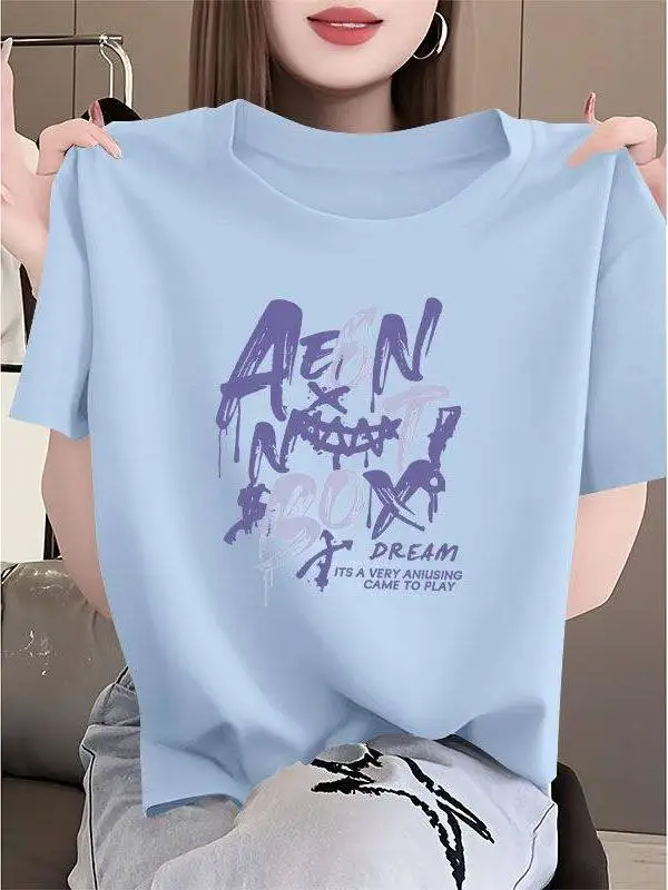 

Ladies Short Sleeve Printed T-Shirt round Neck Thin Loose Style Summer New Fashion Korean Version Mom Clothes Slimming Effect