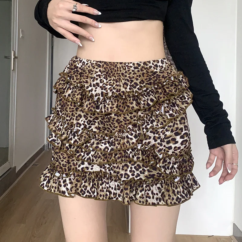 Street retro style personality leopard print skirt American spice Girl sexy low waist all the way round hip skirt