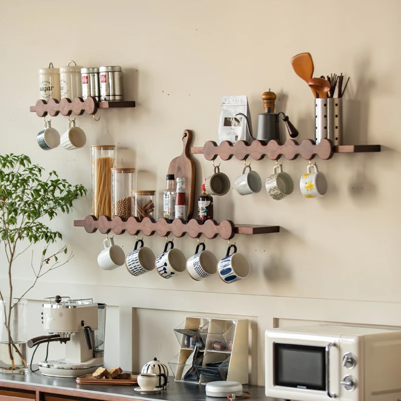 ‌Vintage Cherry Wood Wall Shelf with Hooks Heavy-Duty Kitchen Dining Room Storage Organizer,French Country Display Rack
