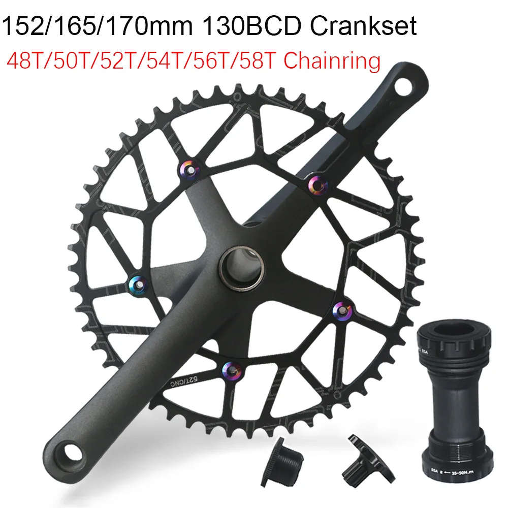 

Road Bike Crank 152/165/170mm 130BCD Bicycle Crankset with Bottom Bracket Single Speed Fixed Gear 50/52/54/56/58T Chainrings