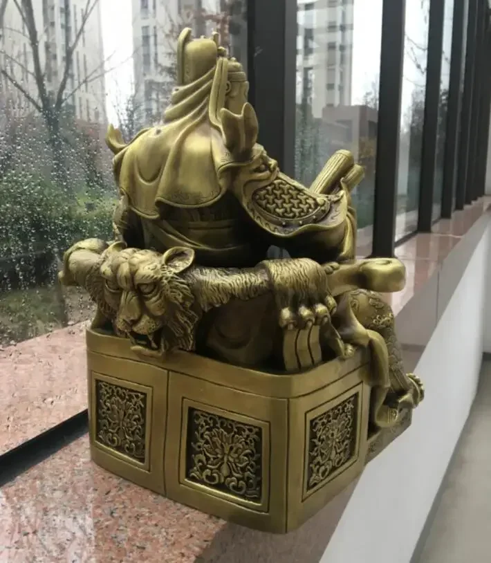 Chinese Brass Guan Gong Yu Warrior God Seat Tiger Chair Reading Sword Statue