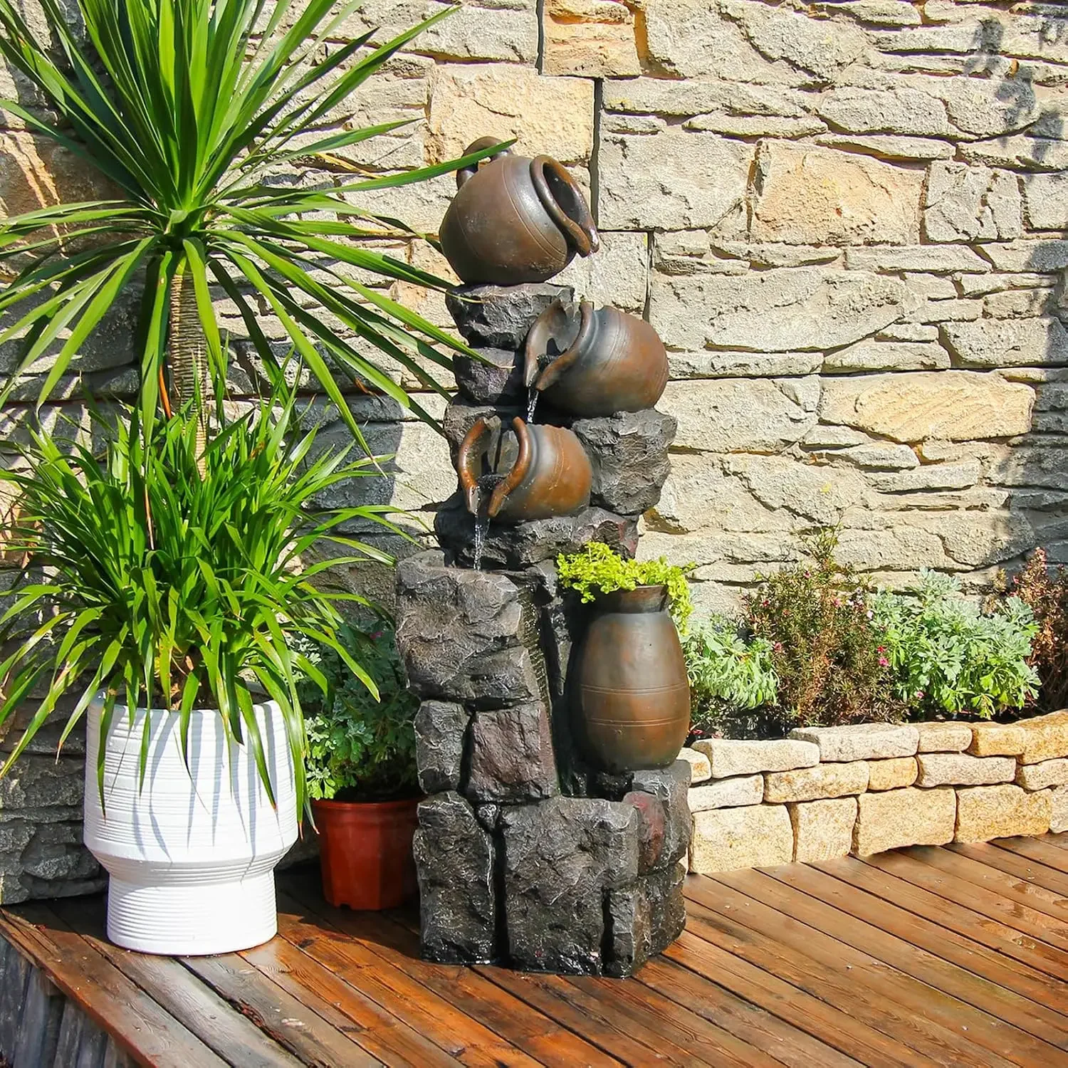 45.67''H Water Fountain Outdoor with Planter Pot 5 Tier Cascading Waterfall | Garden Fountains Indoor LED Lights Water Feature D