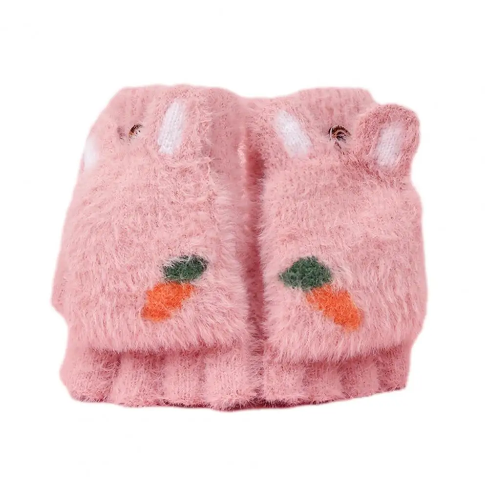 

1 Pair Winter Writing Gloves Cozy Faux Mink Hair Half Finger Cover Cartoon Rabbit Shape Knitted Warm Plush Winter Gloves