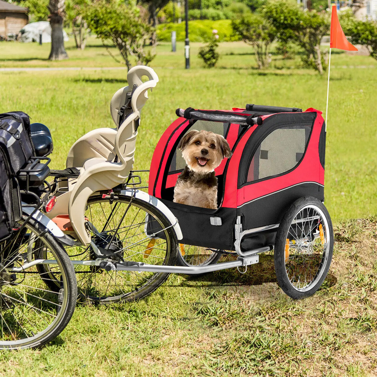 Costway Foldable Pet Cart Dog Bike Trailer w/ 3 Entrances for Travel