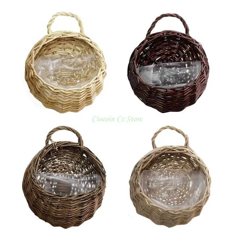 X90F Handmade Wicker Rattan Flower Planter Basket Wall Hanging For Garden Vine Pot Plant Holder Home Decoration Wall Planter