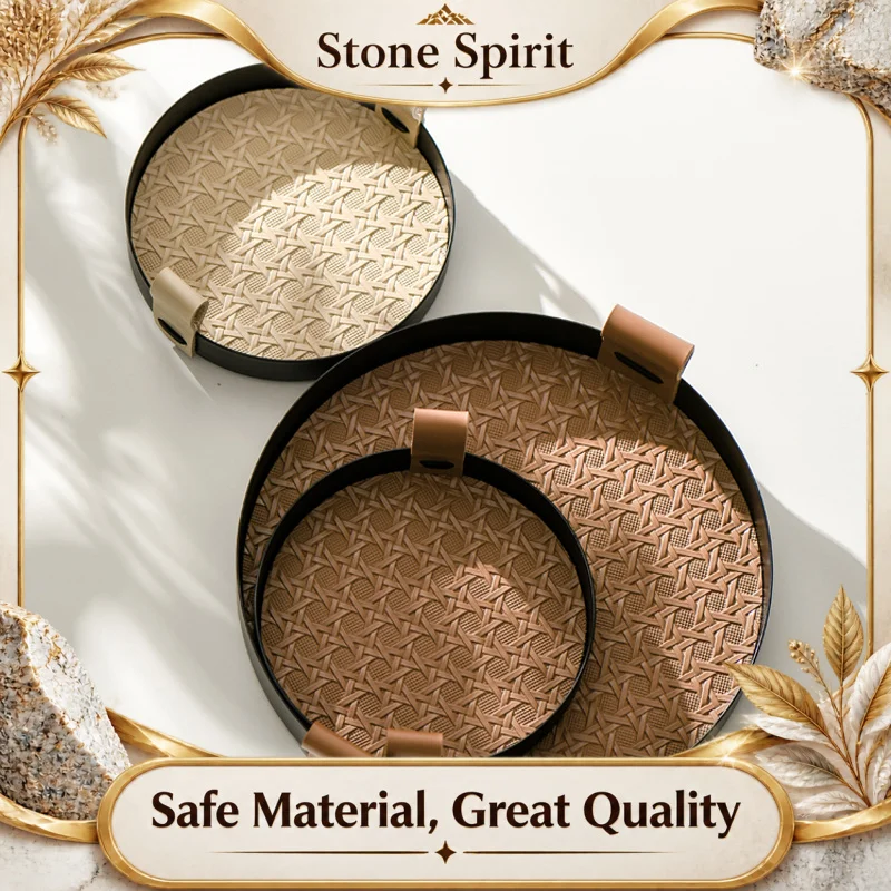 【Premium】Ahunderjiaz-Rattan Lattice Leather Round Tray, Metal Cosmetic Storage Tray, Jewelry Display Tray, Home Decoration