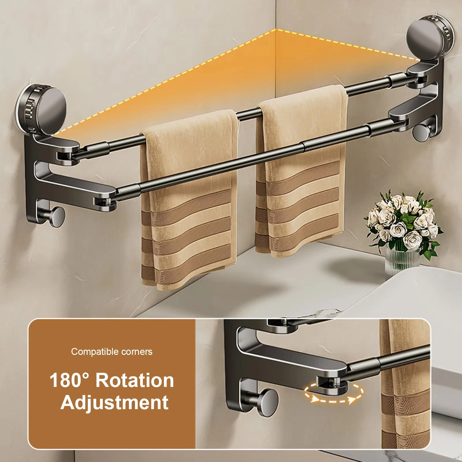 Adjustable Bathroom Hand Towel Rack Suction Cup Towel Holder Wall Mount No Drill Mount 50-85cm Towel Bar Aluminium with Hook view 5