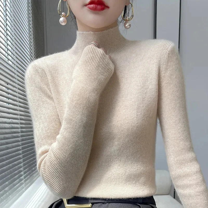 Zoki Autumn Winter Thick Knitted Sweater Women Fashion Korean Half Turtleneck Long Sleeve Sweater Harajuku All Match Warm Jumper