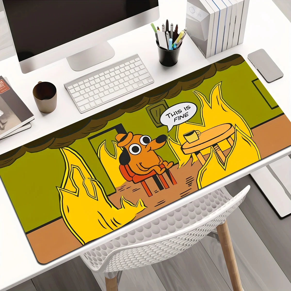 

1 шт. коврик для мыши XXL размера 1000×500 с точной прошитой кромкой, нескользящим основанием, моющийся, игровой коврик для стола с тематикой собак и огня, дизайн «It's Okay».