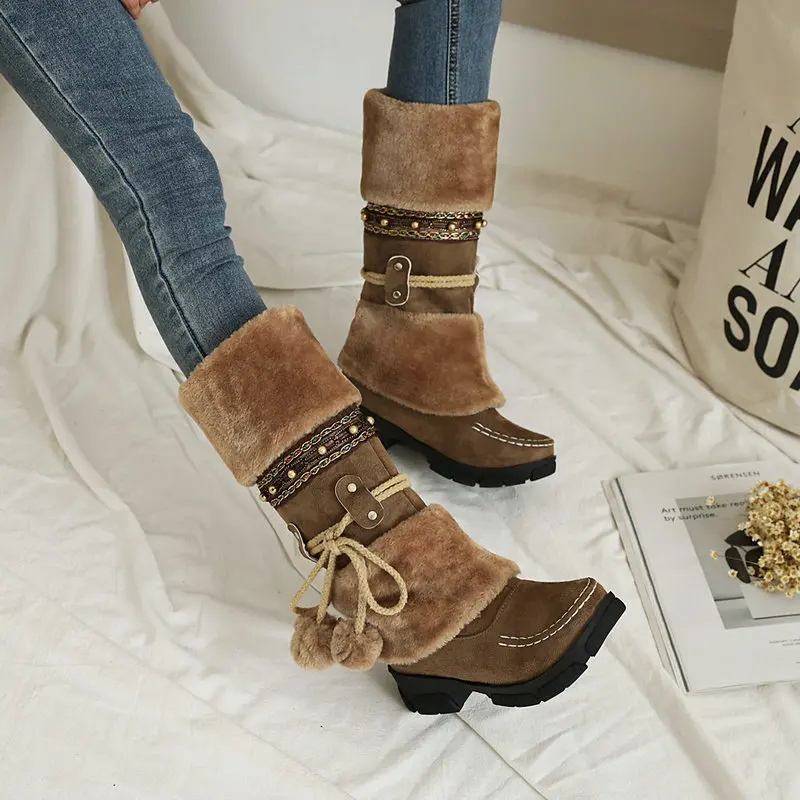 Ethnic Style Women Boots Suede Leather Cotton Shoes for Women Plush Warm Snow Boots Retro Square Toe Thick Heel Mid-Calf Botas