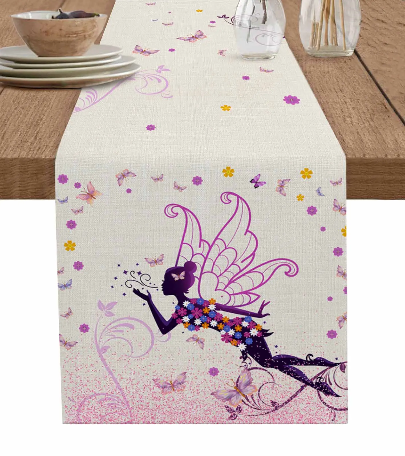 Fairy Elf Sparkling Pink Butterfly Flower Pink Table Runner Wedding Decor Table Cover Holiday Party Coffee Tablecloth Tablemats